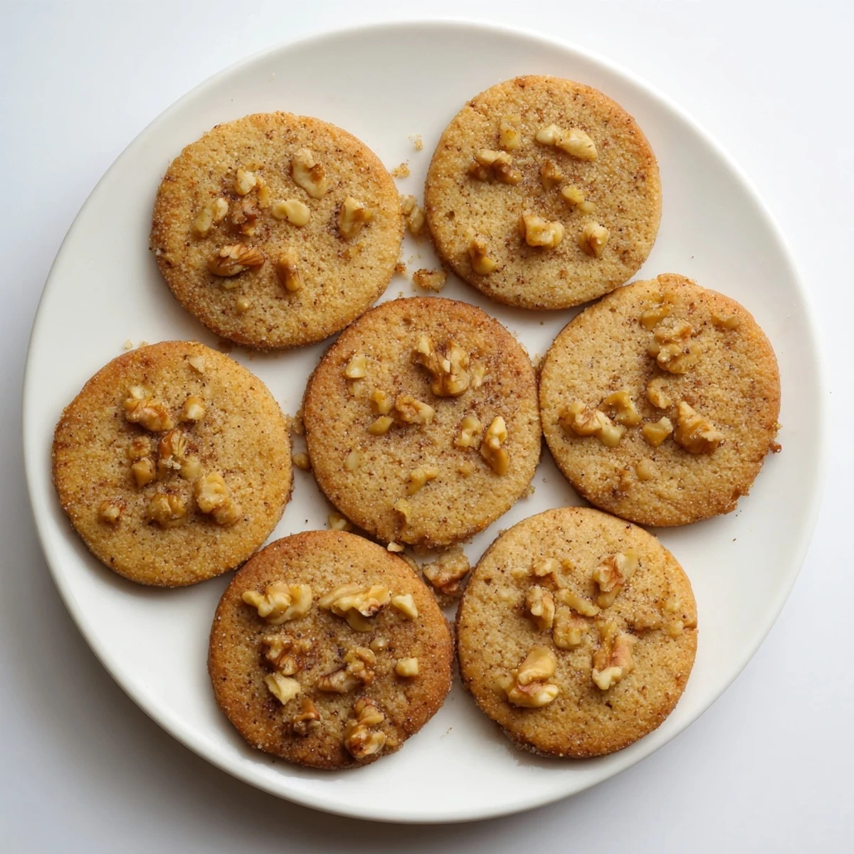 Batch of crunchy low-carb walnut cookies dusted with cinnamon on rustic wooden board