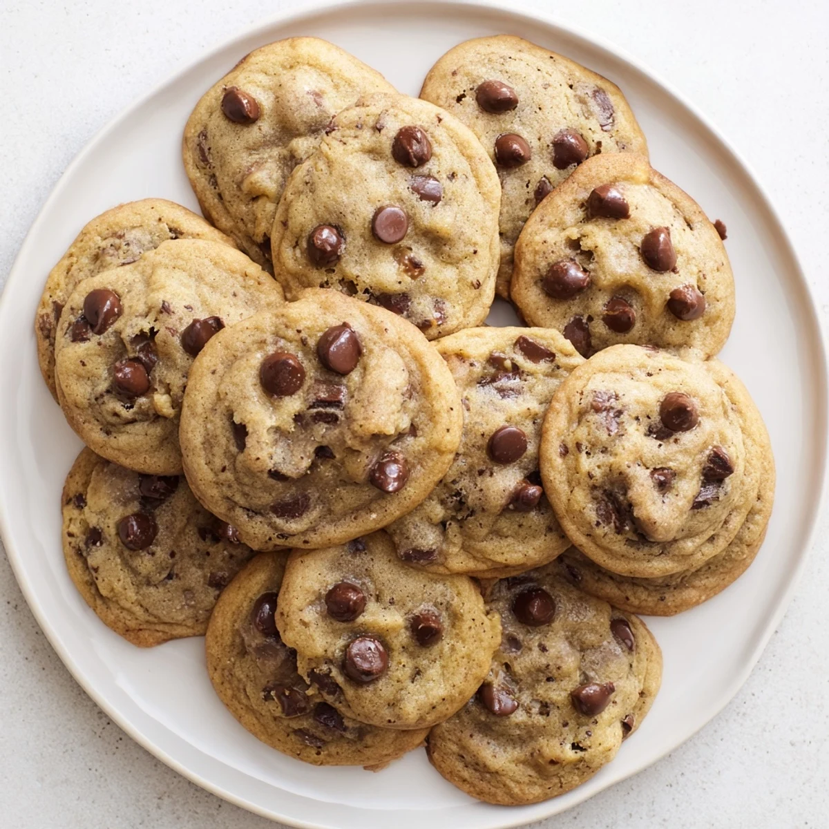 Soft chewy gluten-free caramelized banana chocolate chip cookies stacked on a wooden serving board