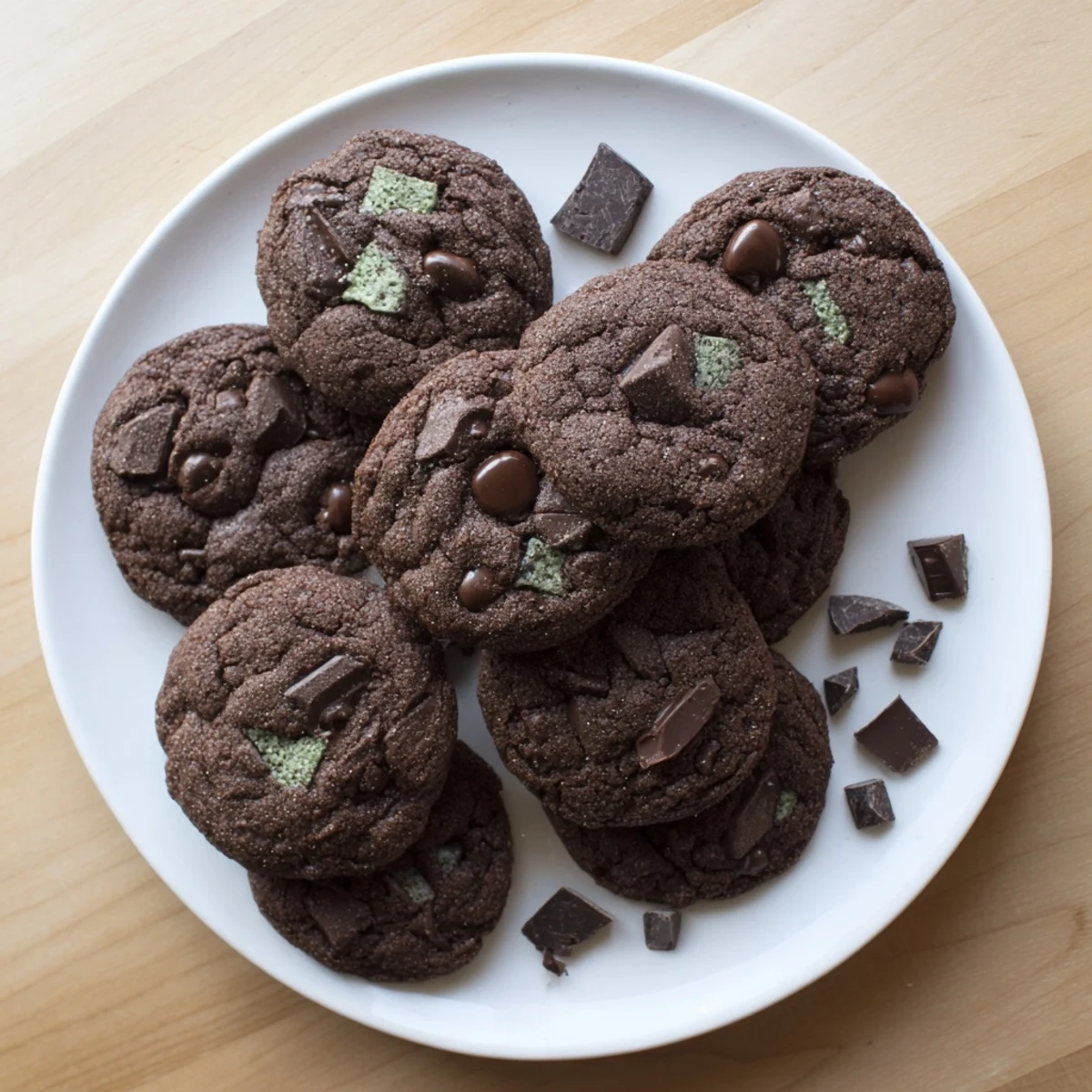 Soft gluten-free chocolate mint chip cookies stacked on a white plate with melty chocolate chunks visible