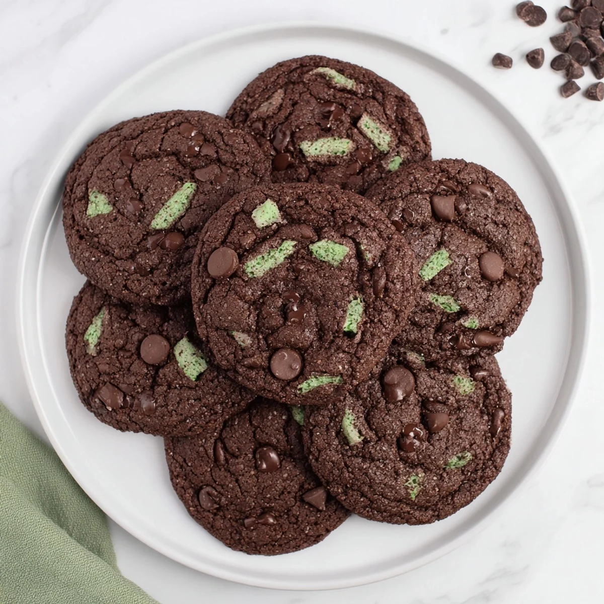 Warm gluten-free chocolate mint chip cookies fresh from the oven with golden edges and scattered mint chips