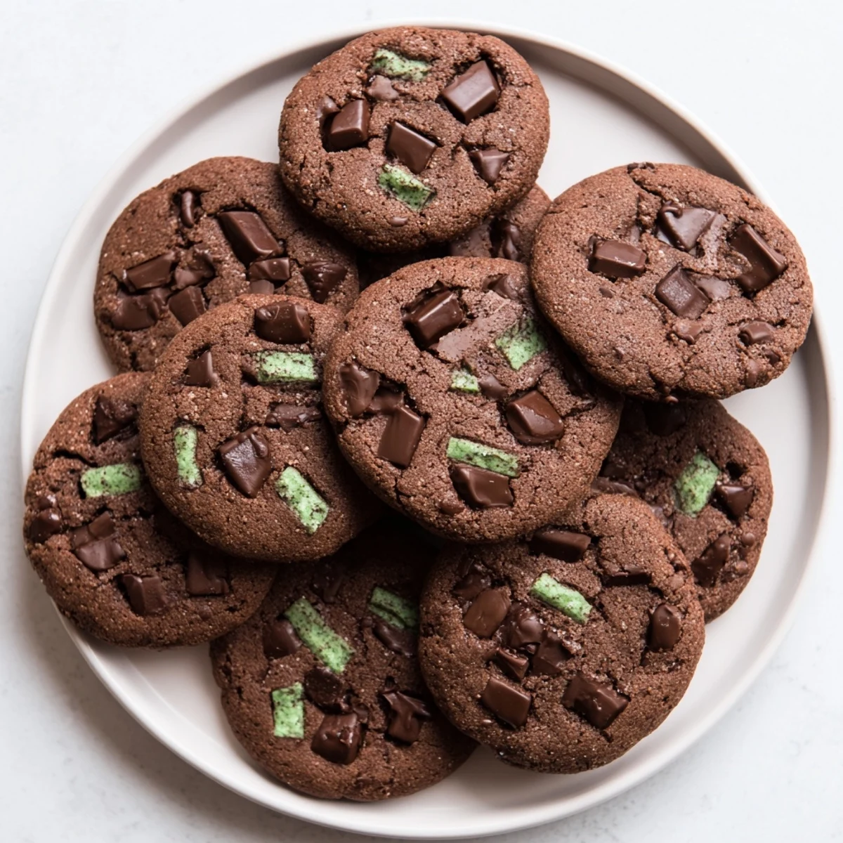 Plate of chewy gluten-free chocolate mint chip cookies garnished with fresh mint sprigs on a rustic wooden surface