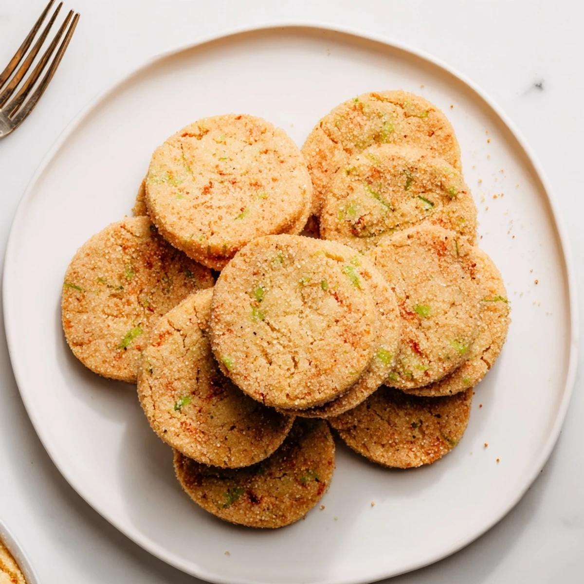 Soft vegan papaya lime sugar cookies with golden edges and crackled sugar coating on white plate