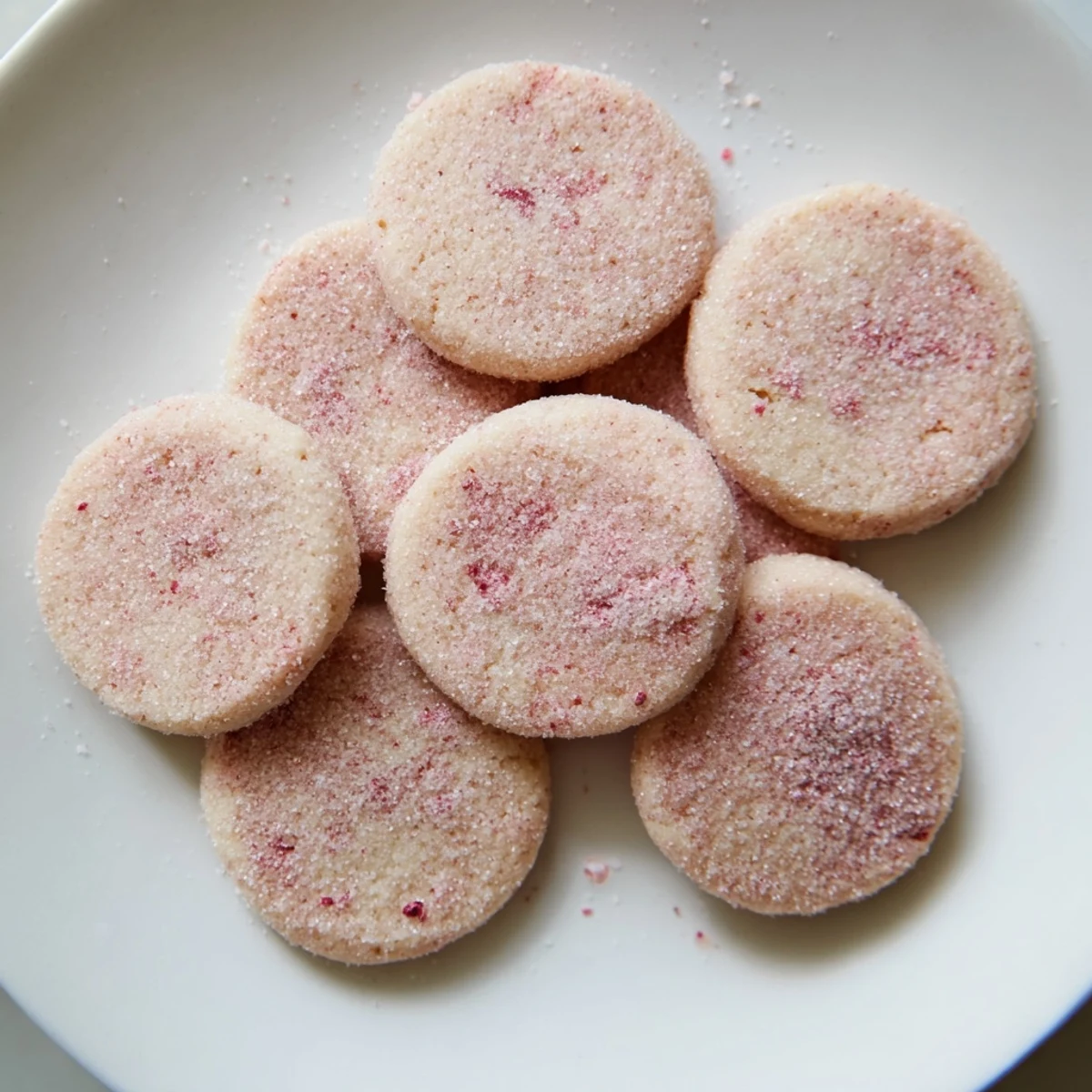 Soft pink vegan strawberry hibiscus sugar cookies sprinkled with coarse sugar on a baking sheet