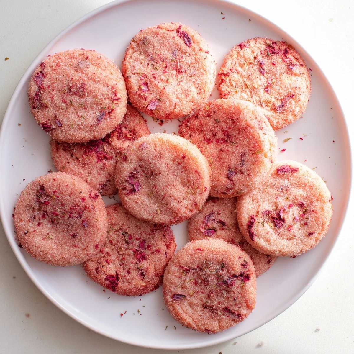 Chewy floral hibiscus sugar cookies studded with freeze-dried strawberries and rolled in sparkling sugar