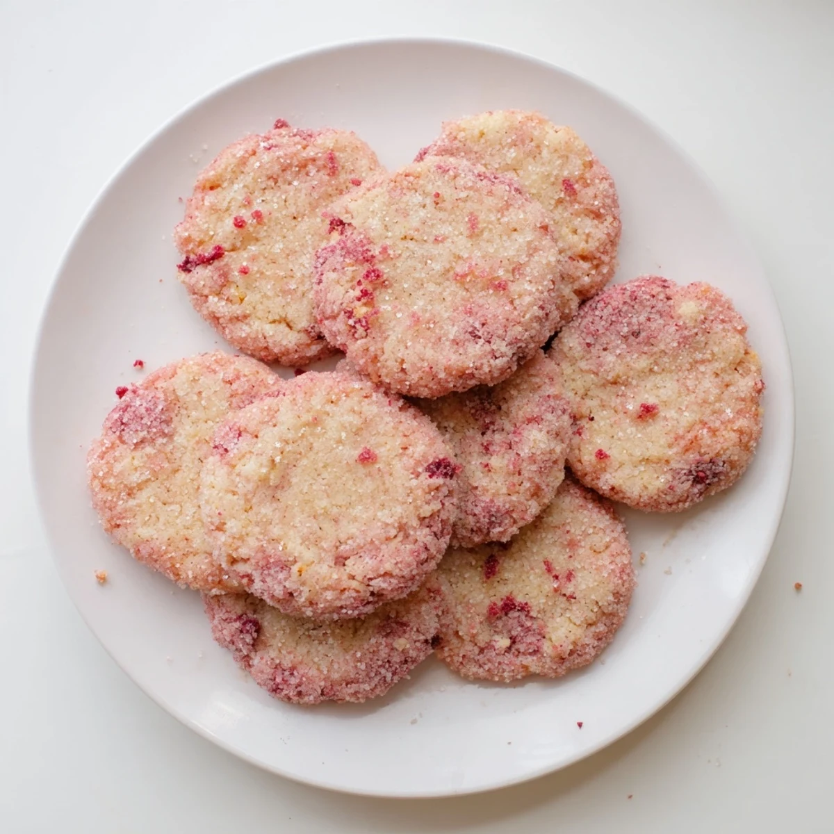 Stack of homemade vegan strawberry hibiscus sugar cookies with vibrant pink edges and craggy tops