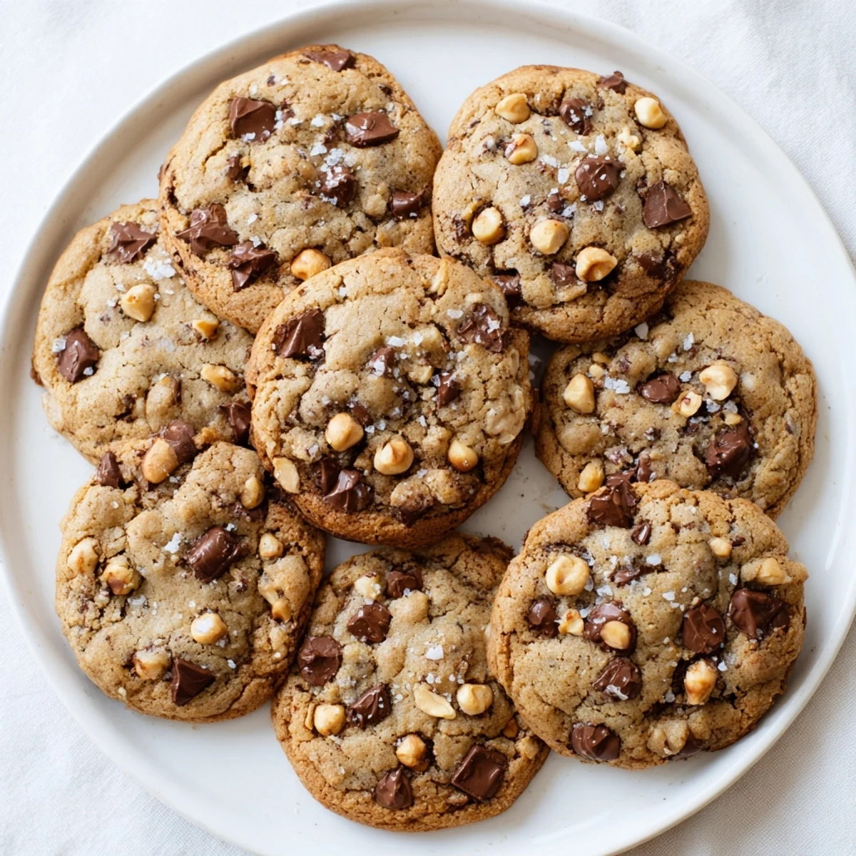 Freshly baked brown butter hazelnut chocolate chip cookies scattered with chopped toasted hazelnuts on a cooling rack