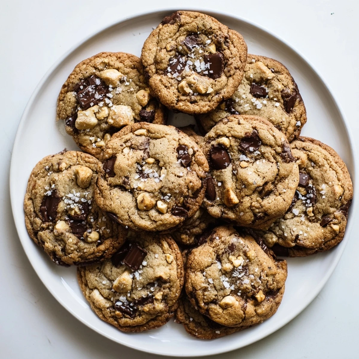 Plate of warm brown butter hazelnut chocolate chip cookies featuring melted chocolate chips and nutty texture