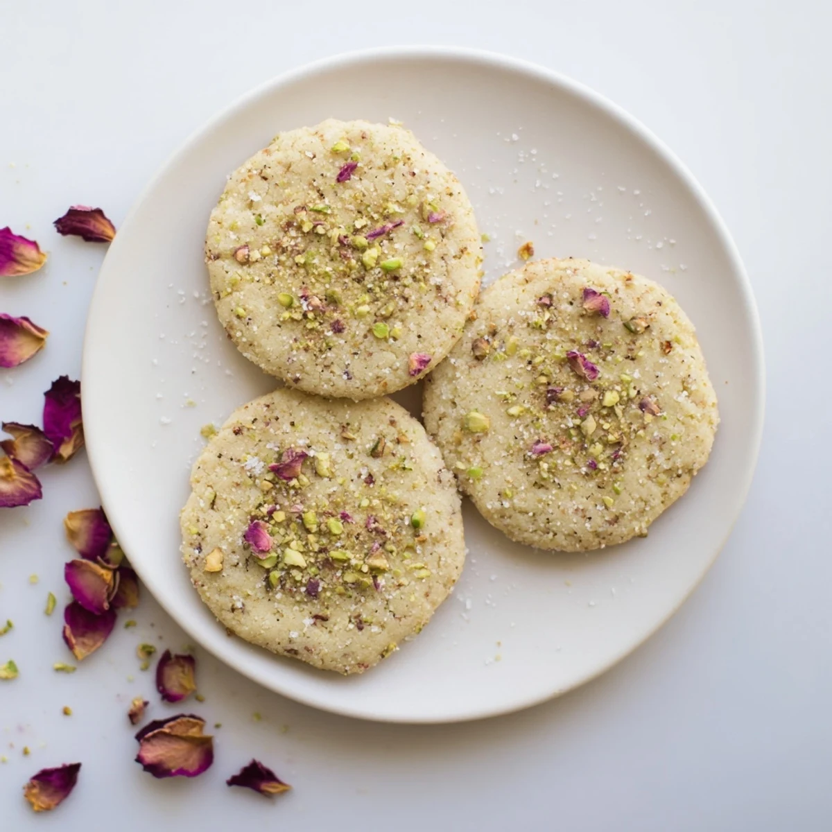 Golden gluten-free pistachio rose sugar cookies topped with chopped nuts and rose petals