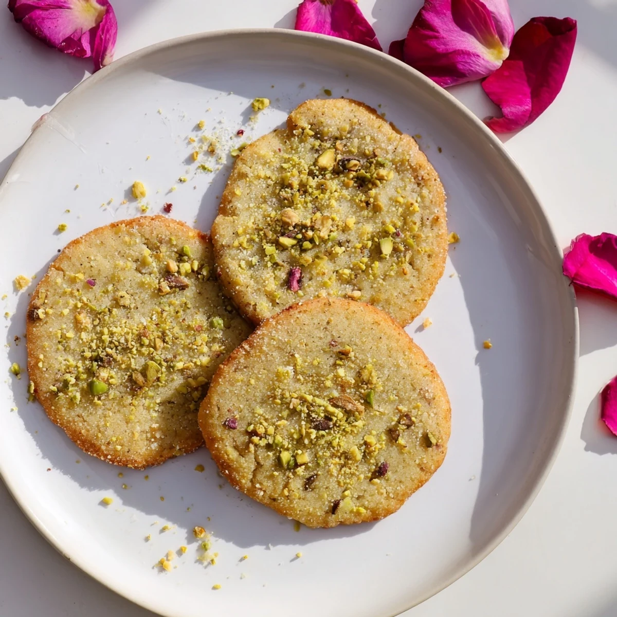 Plate of delicate floral gluten-free pistachio rose sugar cookies with green nut speckles