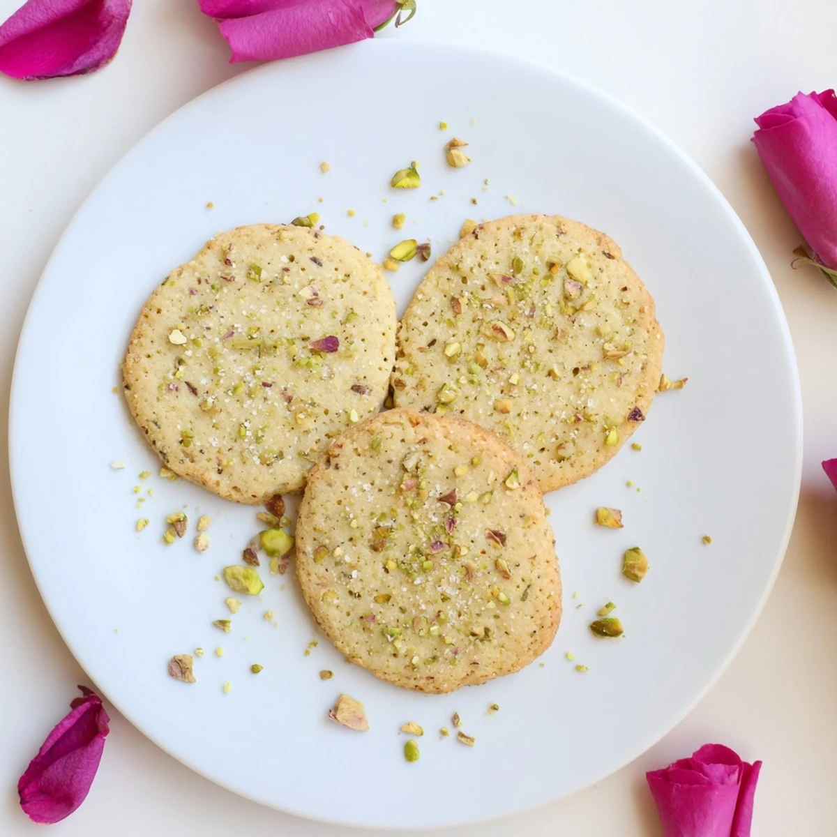 Buttery gluten-free pistachio rose sugar cookies cooling on wire rack with sugar coating