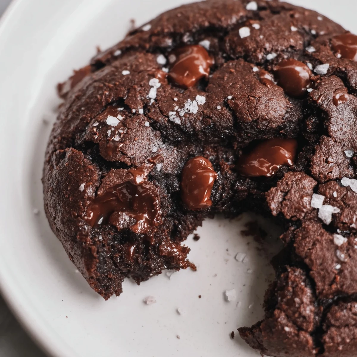 Chewy low carb dark chocolate cookies topped with sea salt crystals alongside a glass of almond milk