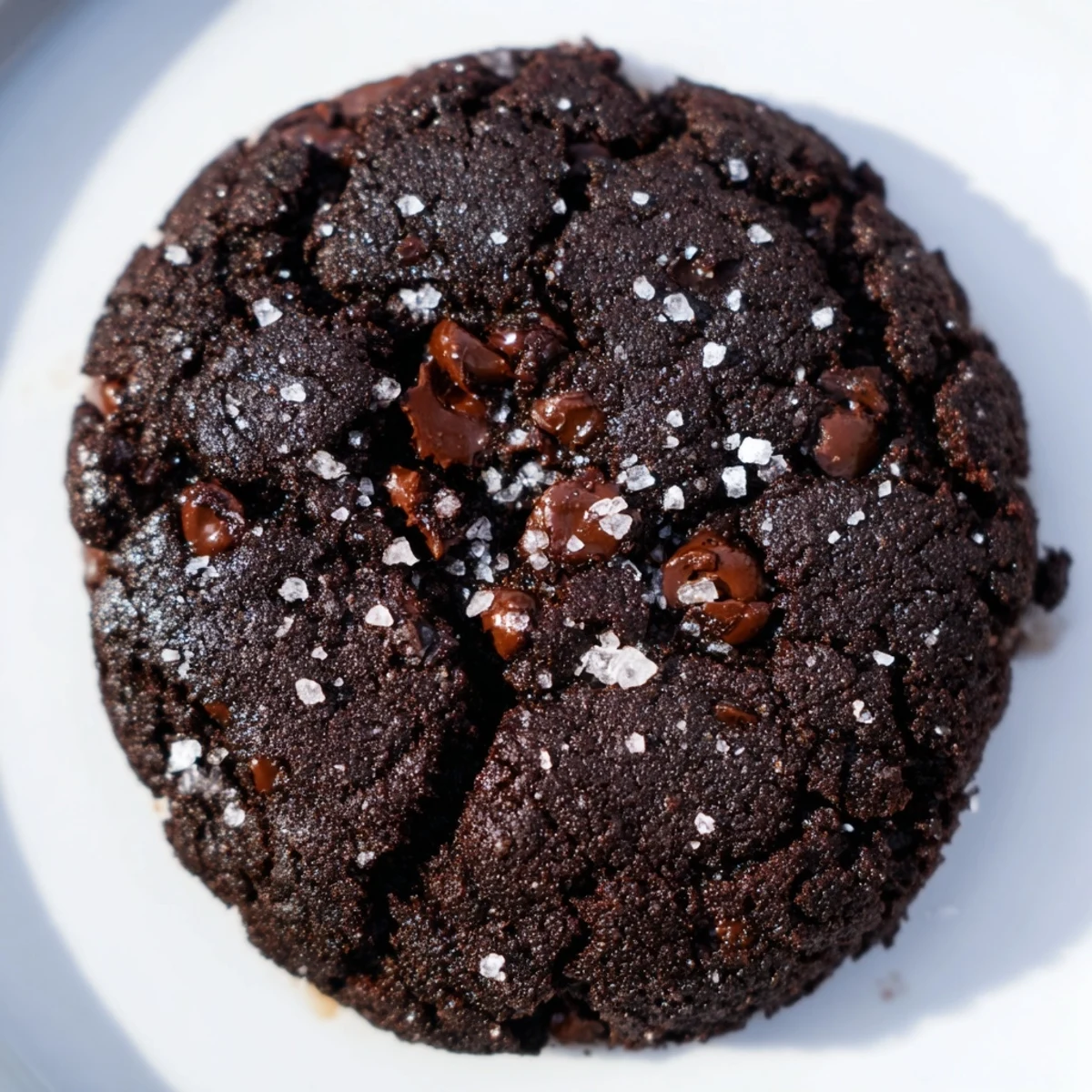 Golden brown keto dark chocolate sea salt cookies sprinkled with flaky salt on a white baking sheet