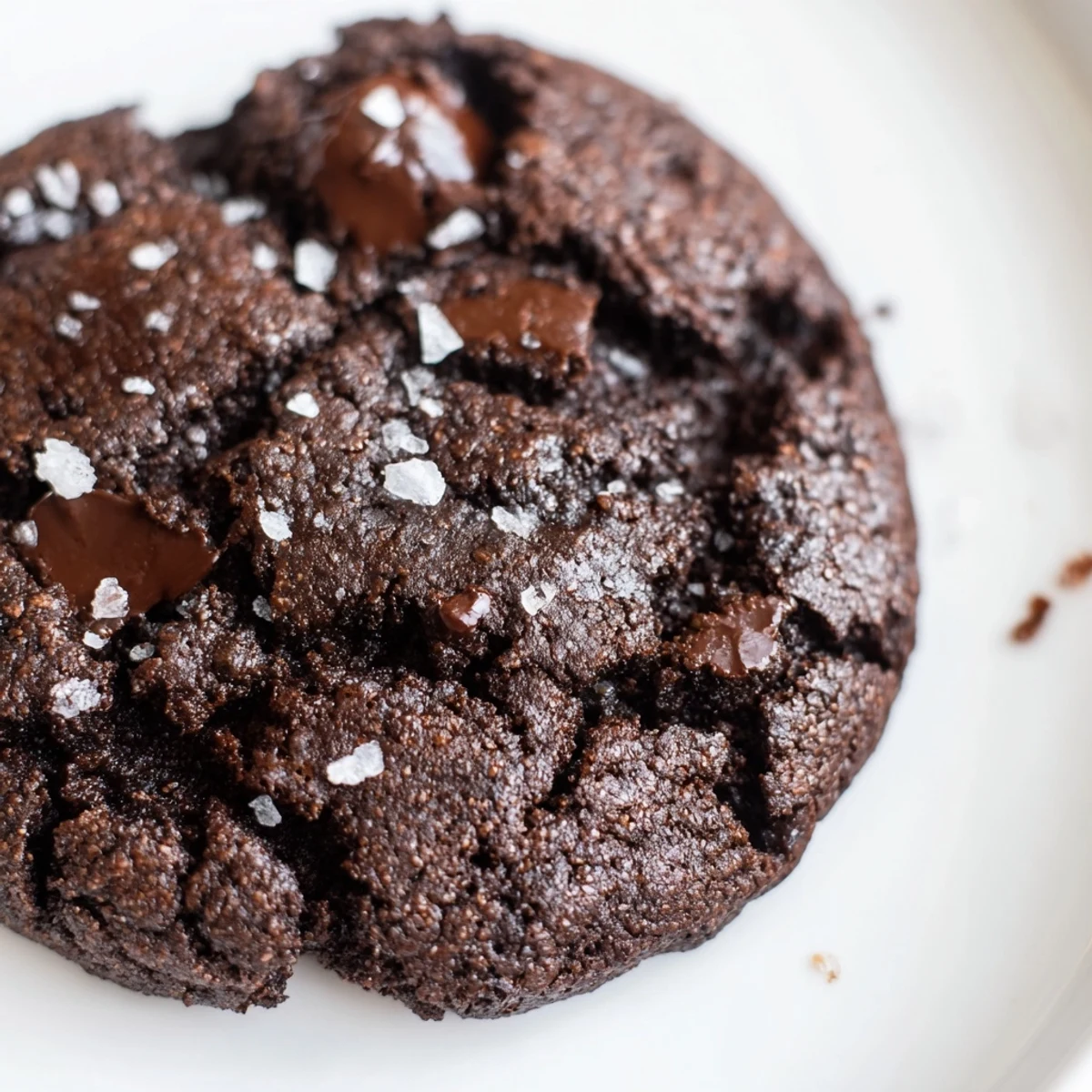 Rich fudgy keto dark chocolate sea salt cookies stacked on a wooden cutting board with melted chips visible
