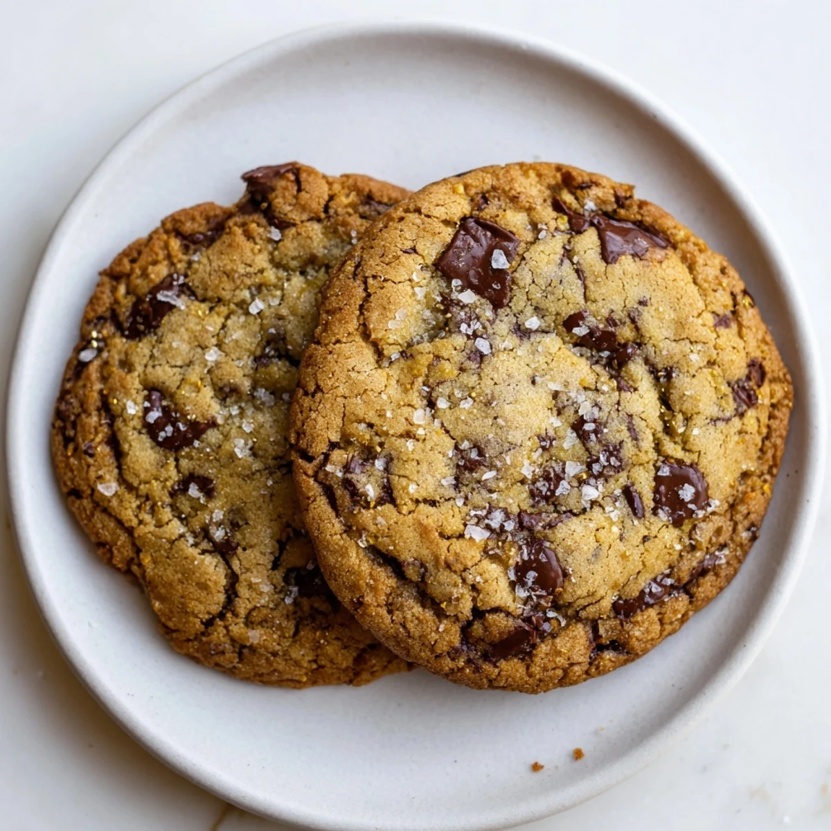Golden gluten-free burnt honey chocolate chip cookies with chewy centers and melty dark chocolate chunks