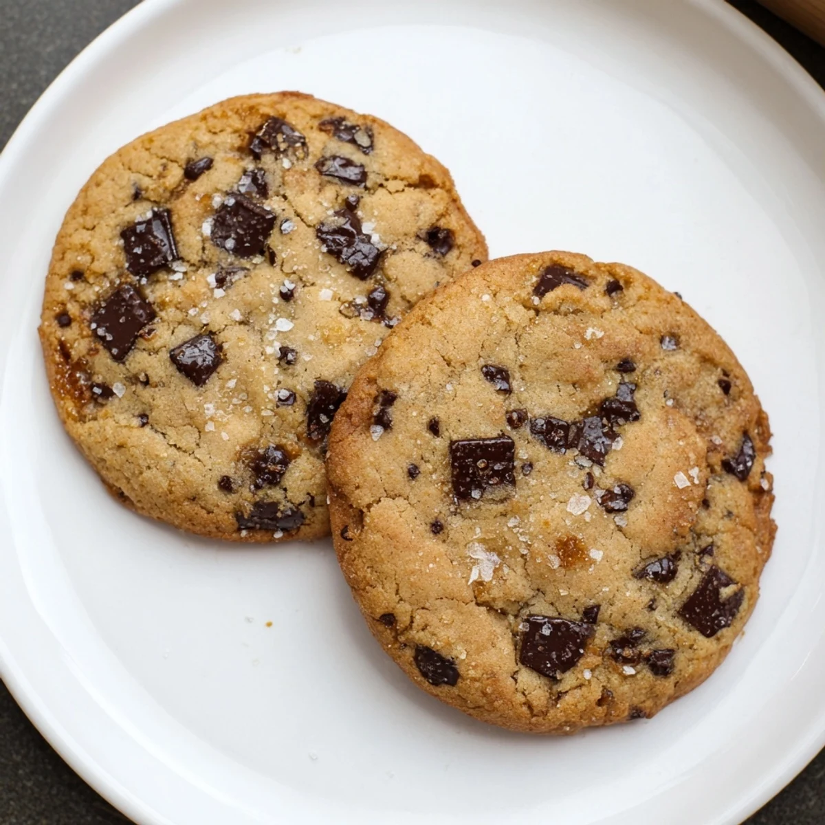 Stack of warm gluten-free burnt honey chocolate chip cookies with sea salt on white plate