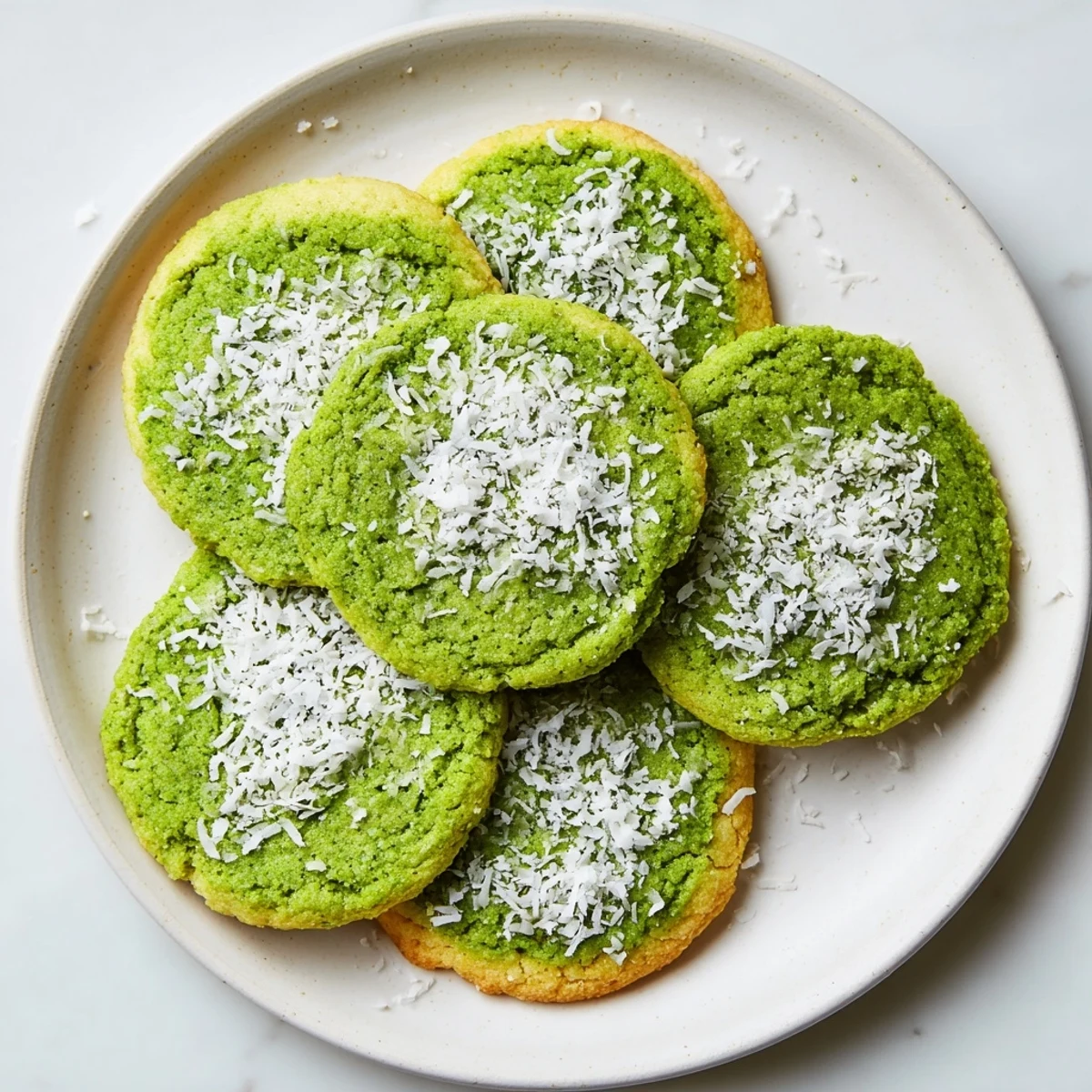 Chewy vegan coconut matcha sugar cookies with vibrant green matcha swirls on a white plate
