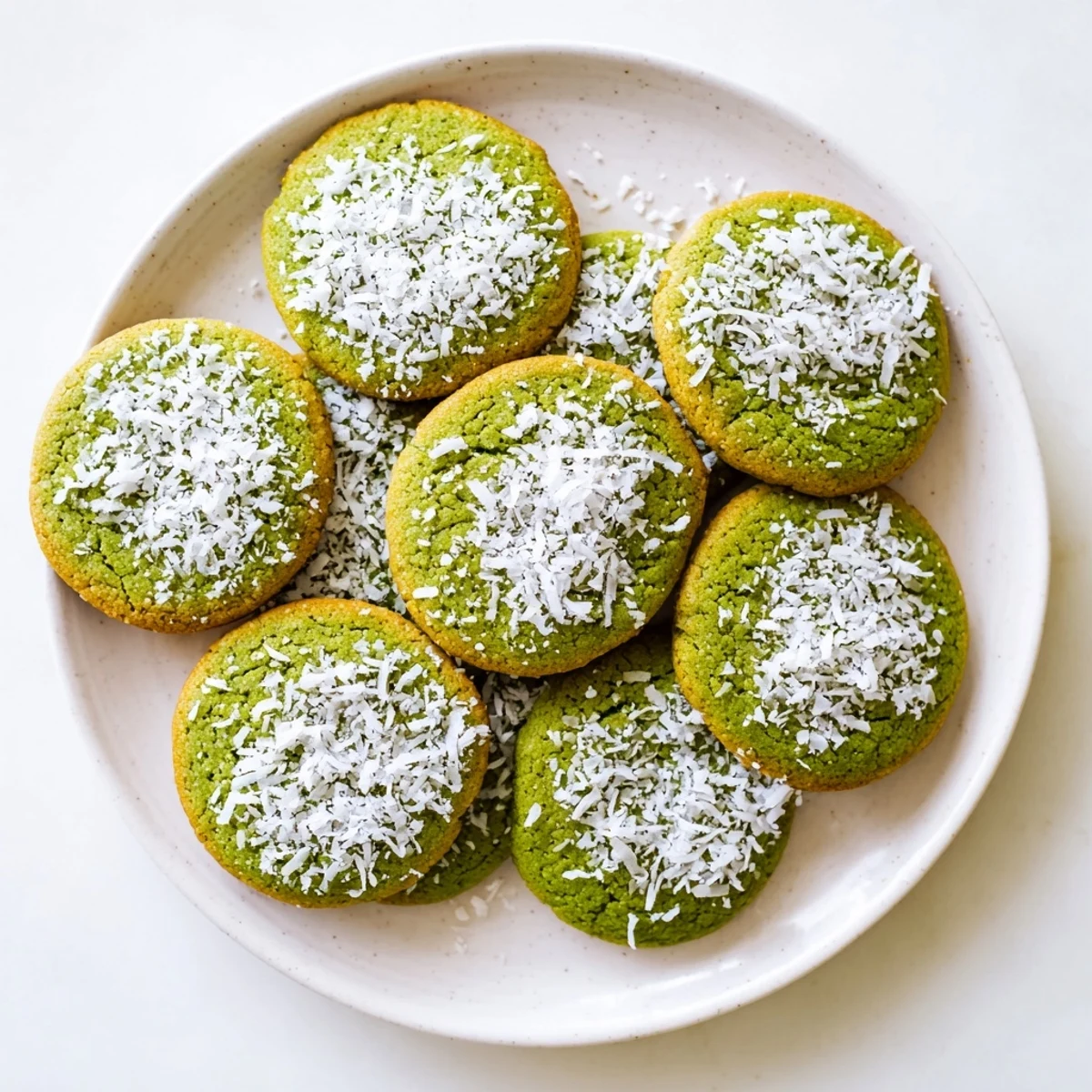 Soft-baked vegan coconut matcha sugar cookies stacked on a wooden board with green tea backdrop