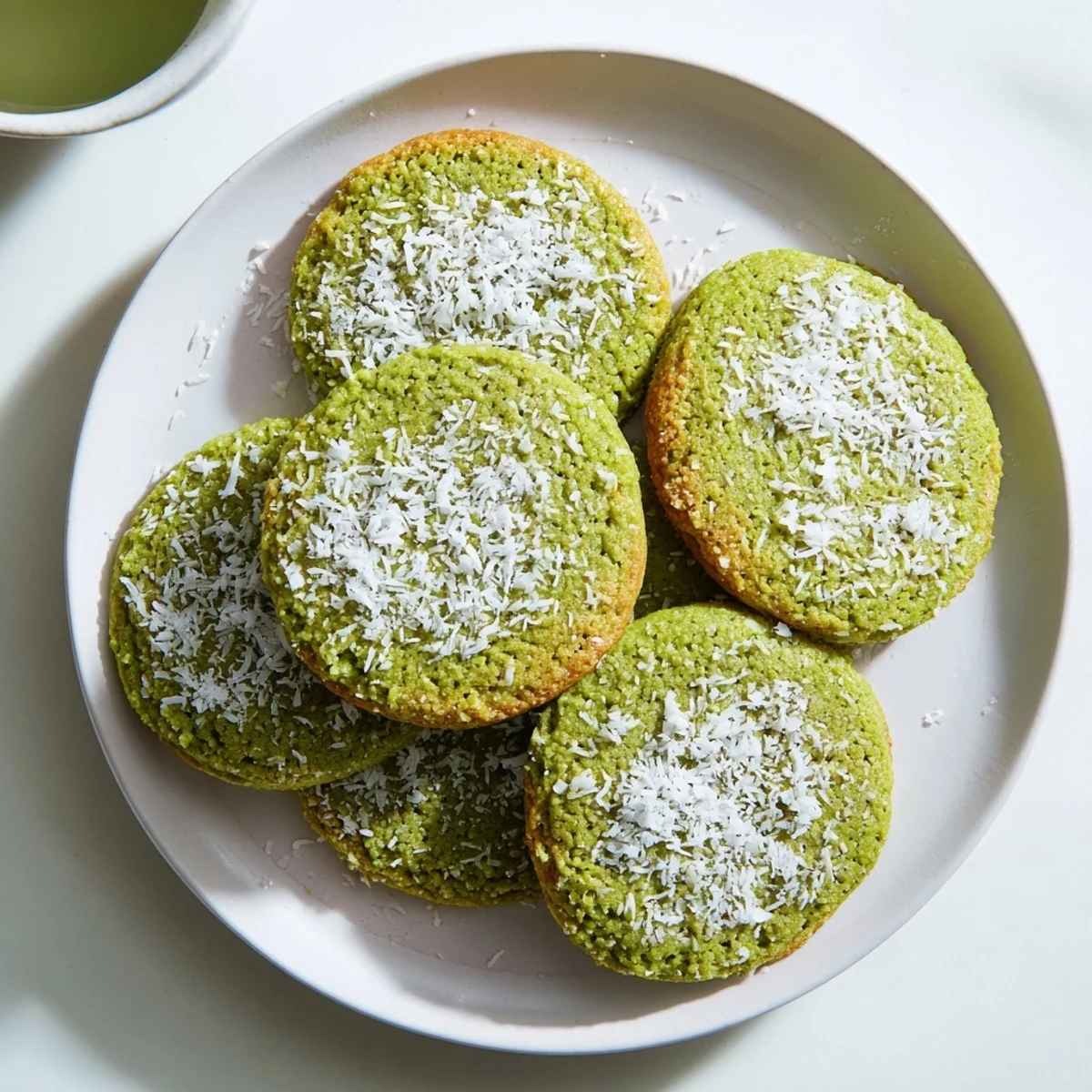 Golden-edged vegan coconut matcha sugar cookies sprinkled with shredded coconut and sugar crystals