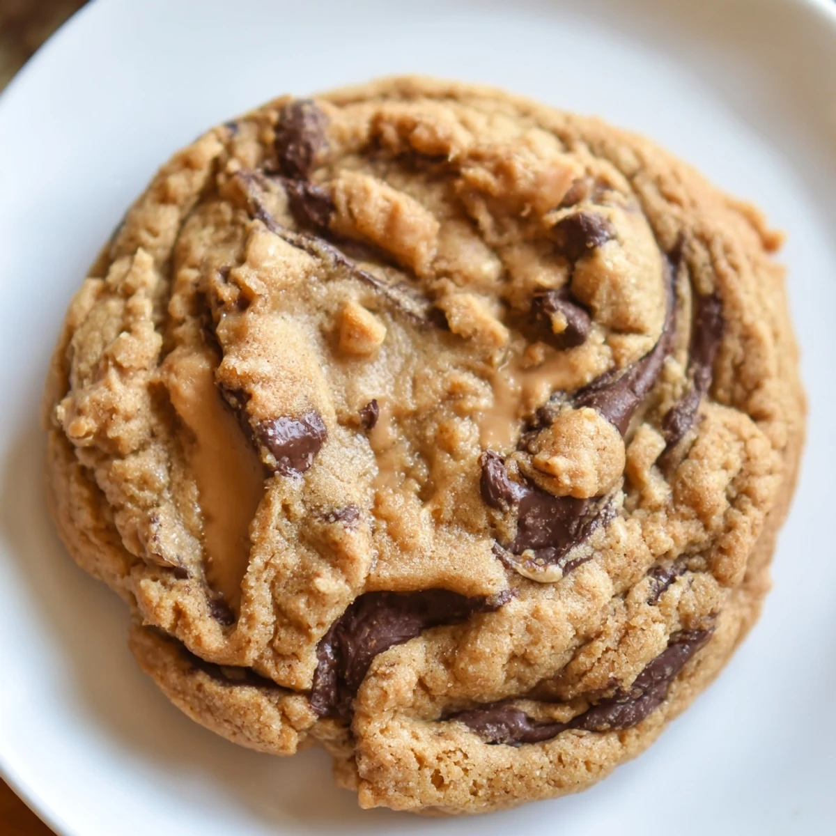 Golden gluten-free peanut butter swirl chocolate chip cookies fresh from the oven with melted chips