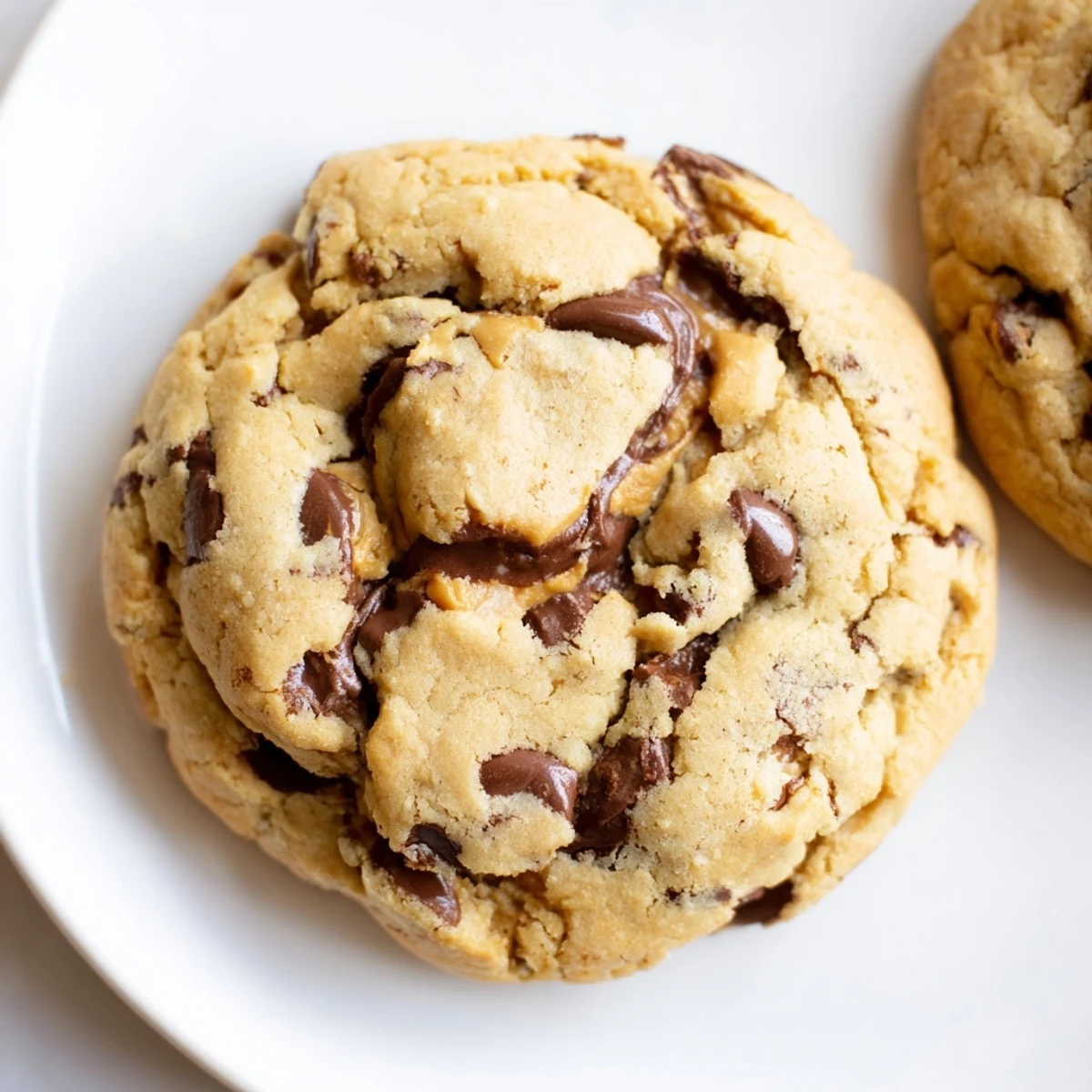 Warm gluten-free peanut butter swirl chocolate chip cookies with visible marbled peanut butter ribbons