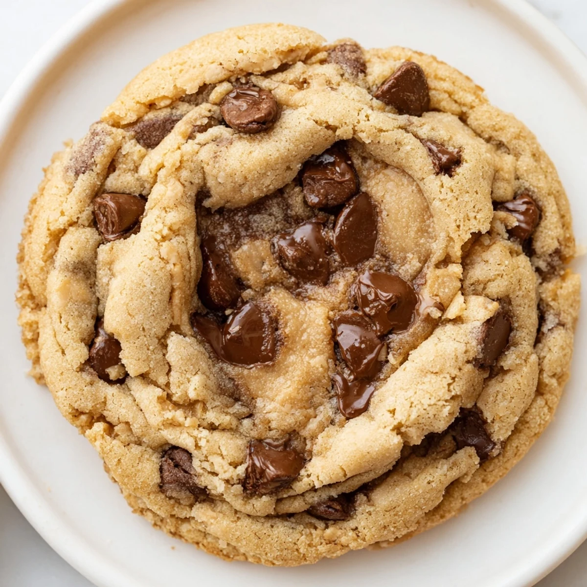 Chewy gluten-free peanut butter swirl chocolate chip cookies stacked on a wooden serving board