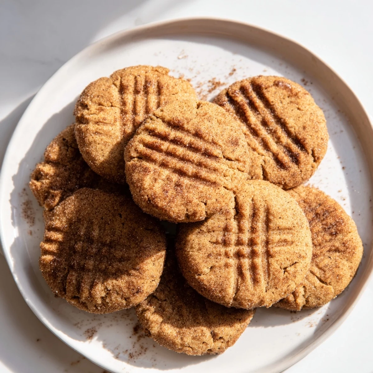 Plate of low-carb keto cinnamon almond butter cookies with slightly crisp golden edges