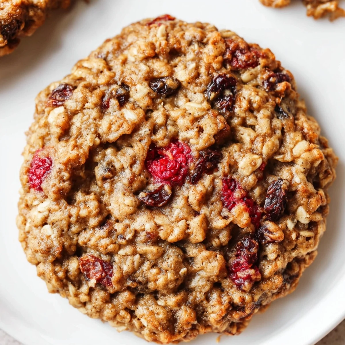 Golden vegan raspberry vanilla oatmeal raisin cookies cooling on a wire rack with tart red berry pieces visible throughout the chewy oatmeal crumb