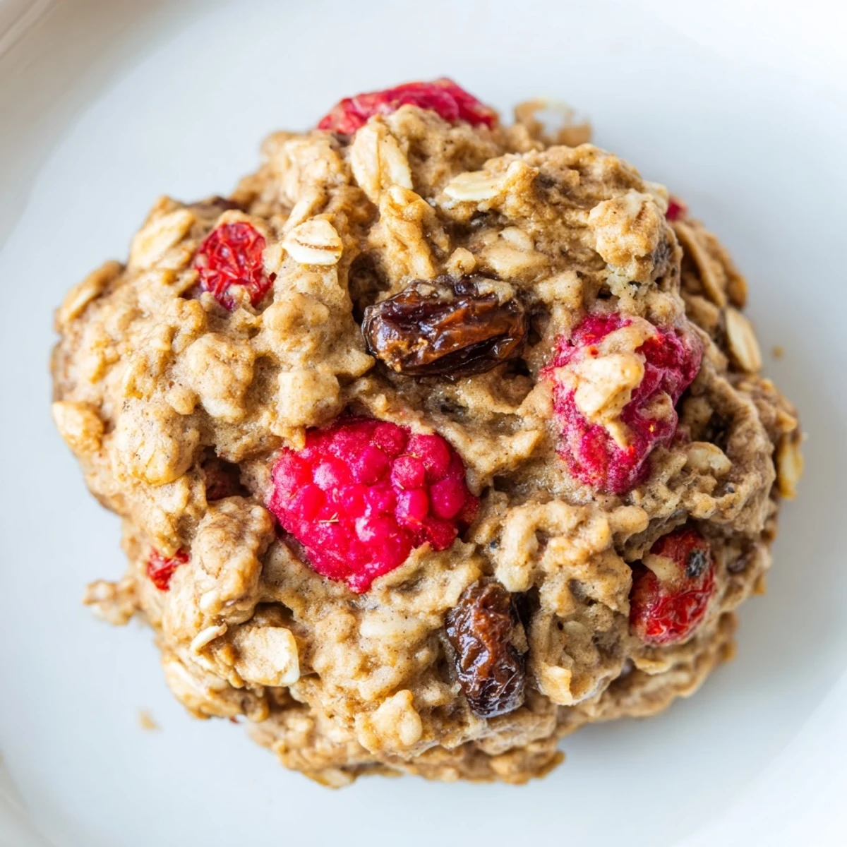 Stack of soft baked vegan raspberry vanilla oatmeal raisin cookies displaying plump raisins and bright raspberry bursts against a textured rustic background