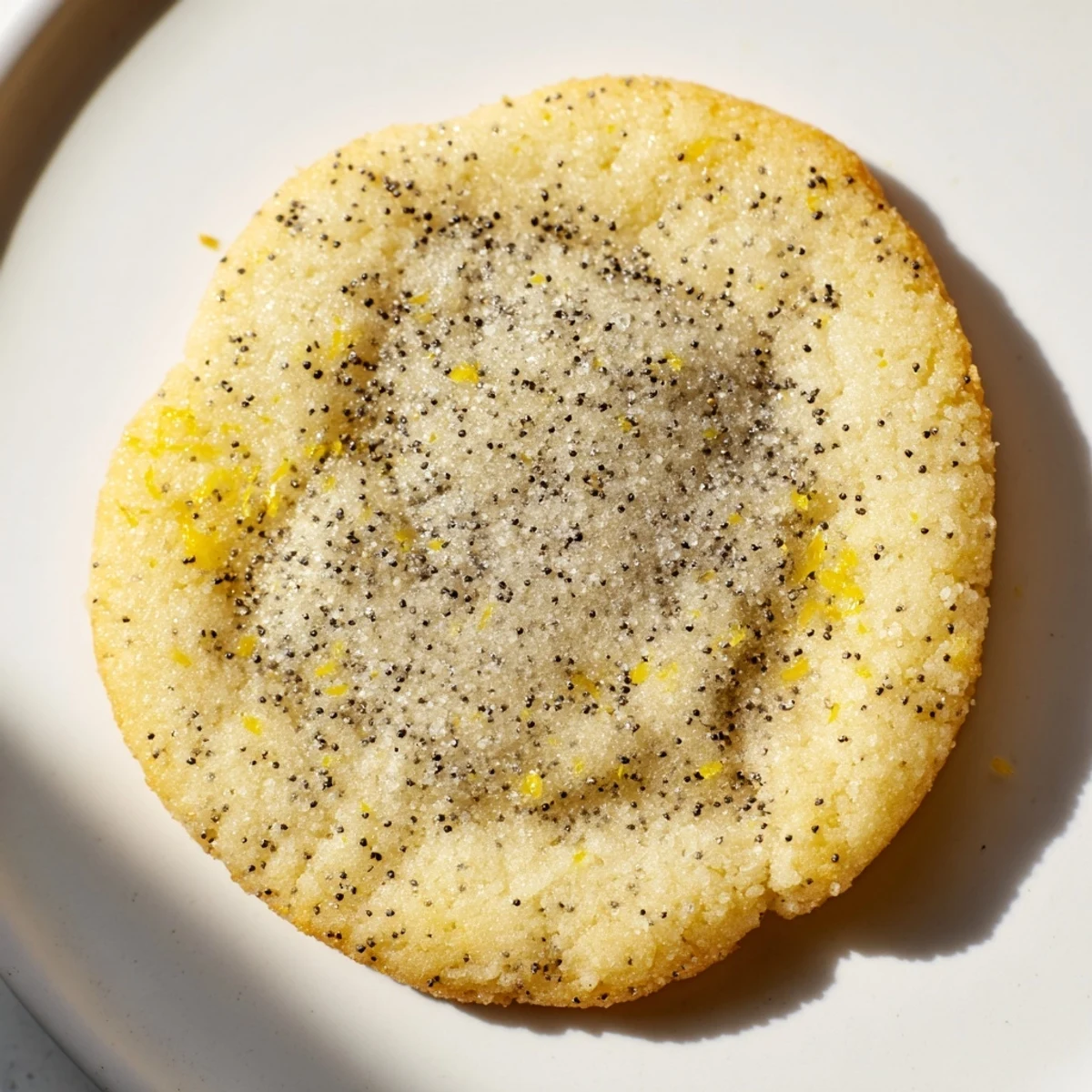 Soft vegan lemon poppy sugar cookies with golden edges and sugary coating on a white plate