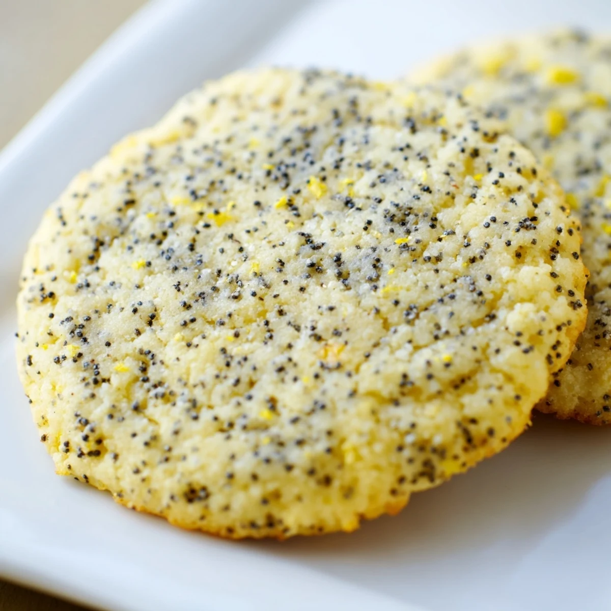 Homemade vegan lemon poppy sugar cookies with crackled tops stacked on a wooden cutting board