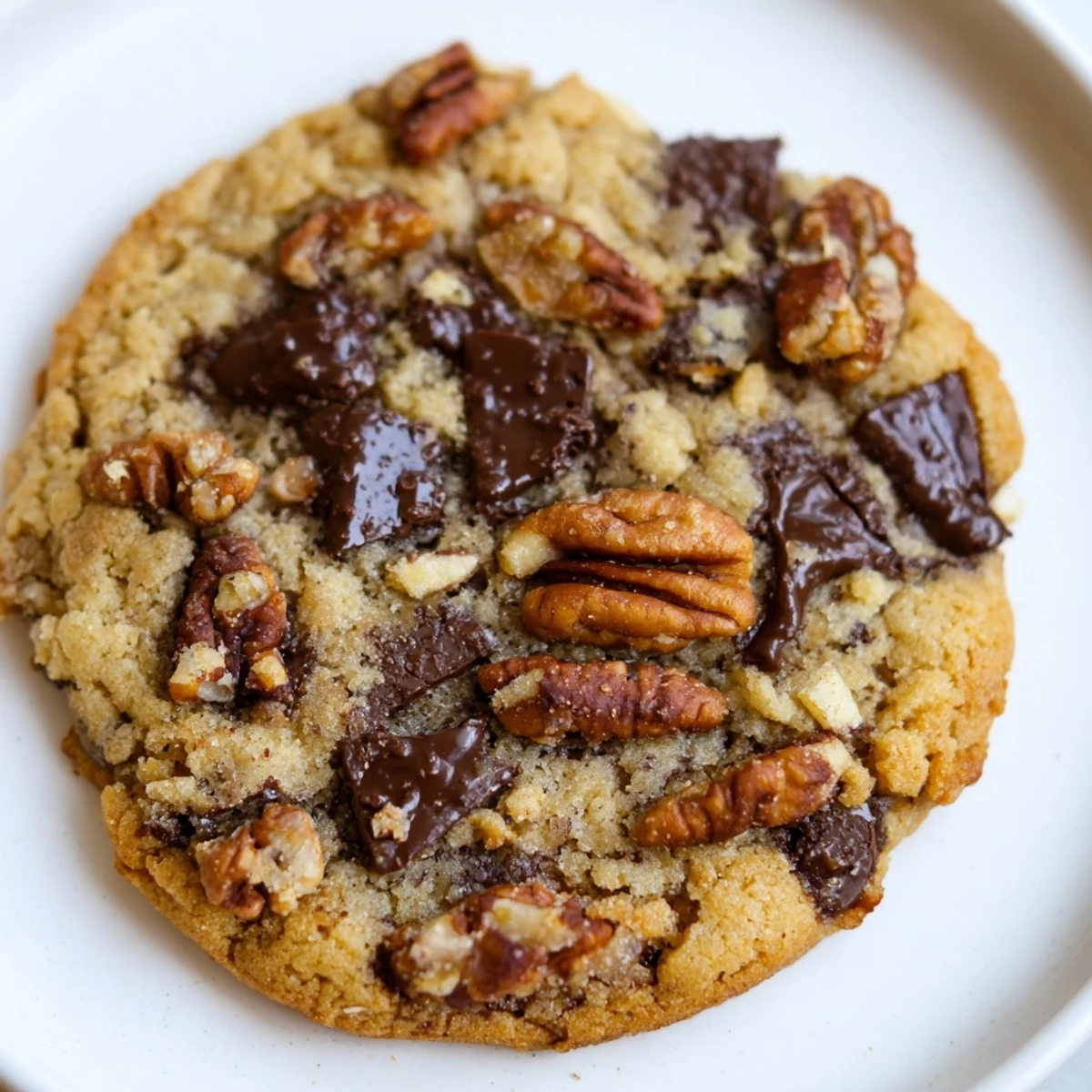 Soft keto maple pecan chocolate chip cookies with melted chocolate chunks and toasted pecans on a white plate