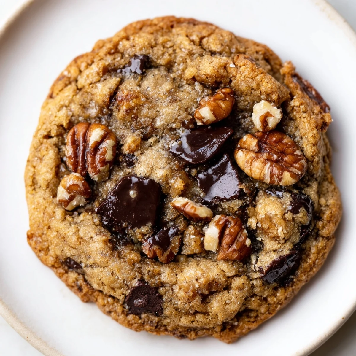 Chewy keto maple pecan chocolate chip cookies stacked on a wooden cutting board with visible pecan pieces