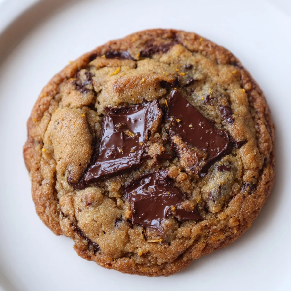 Freshly baked gluten-free dark chocolate orange chip cookies stacked on a wooden serving board