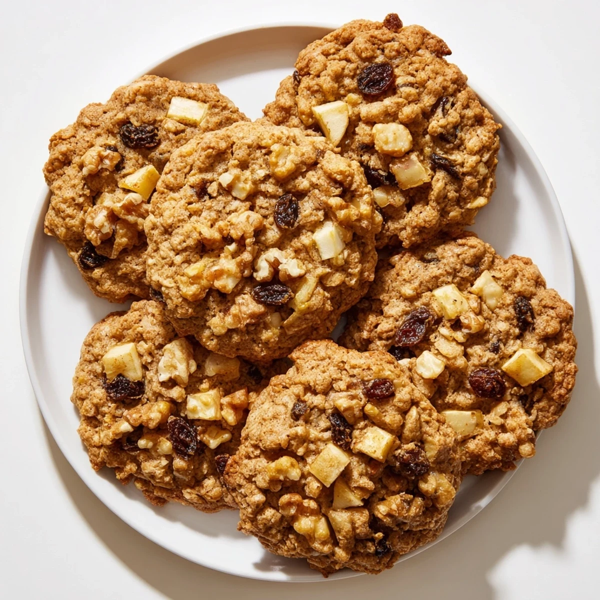 Golden brown spiced apple oatmeal raisin cookies fresh from the oven with soft centers