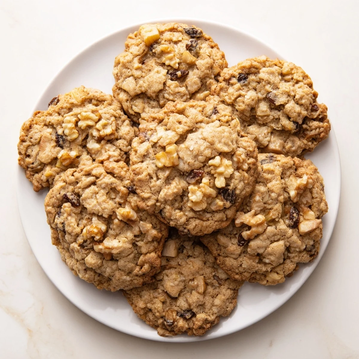 Stack of warm apple oatmeal raisin cookies topped with plump raisins and aromatic cinnamon