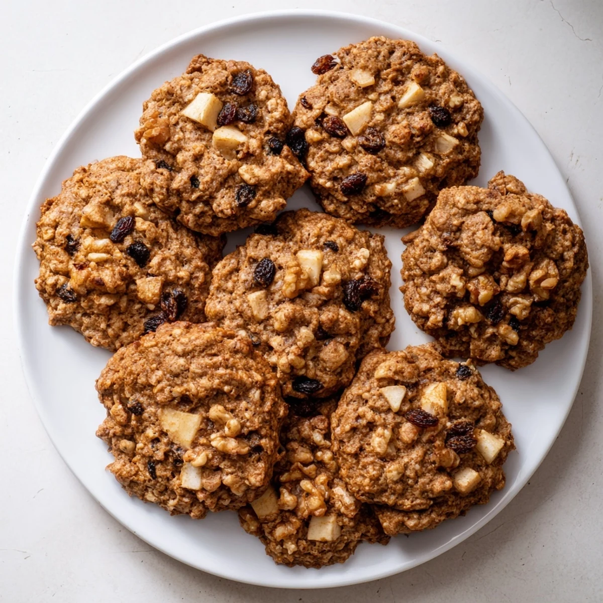 Chewy homemade oatmeal cookies studded with diced apple and raisins on a cooling rack