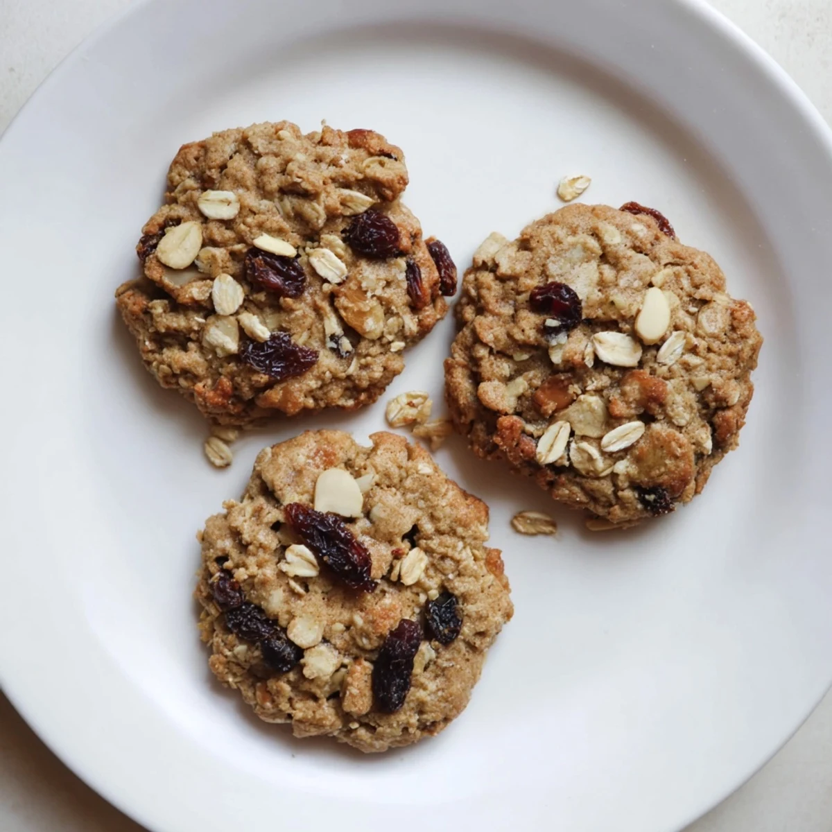 Chewy vegan cookies studded with red cherries, raisins, and toasted sliced almond flakes