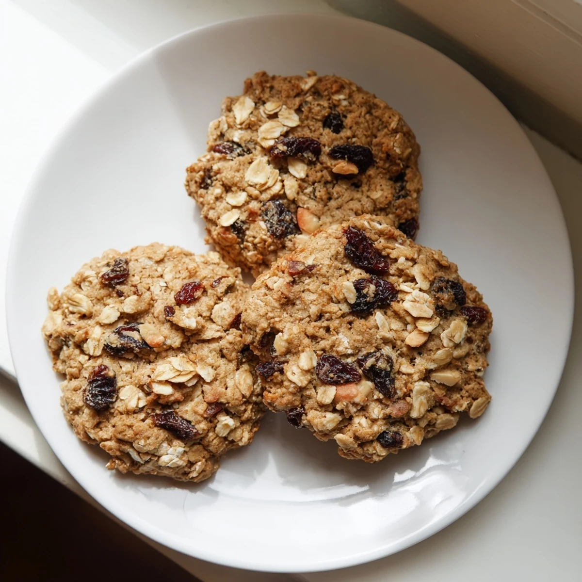 Soft golden vegan cherry almond oatmeal raisin cookies stacked on a wooden cutting board