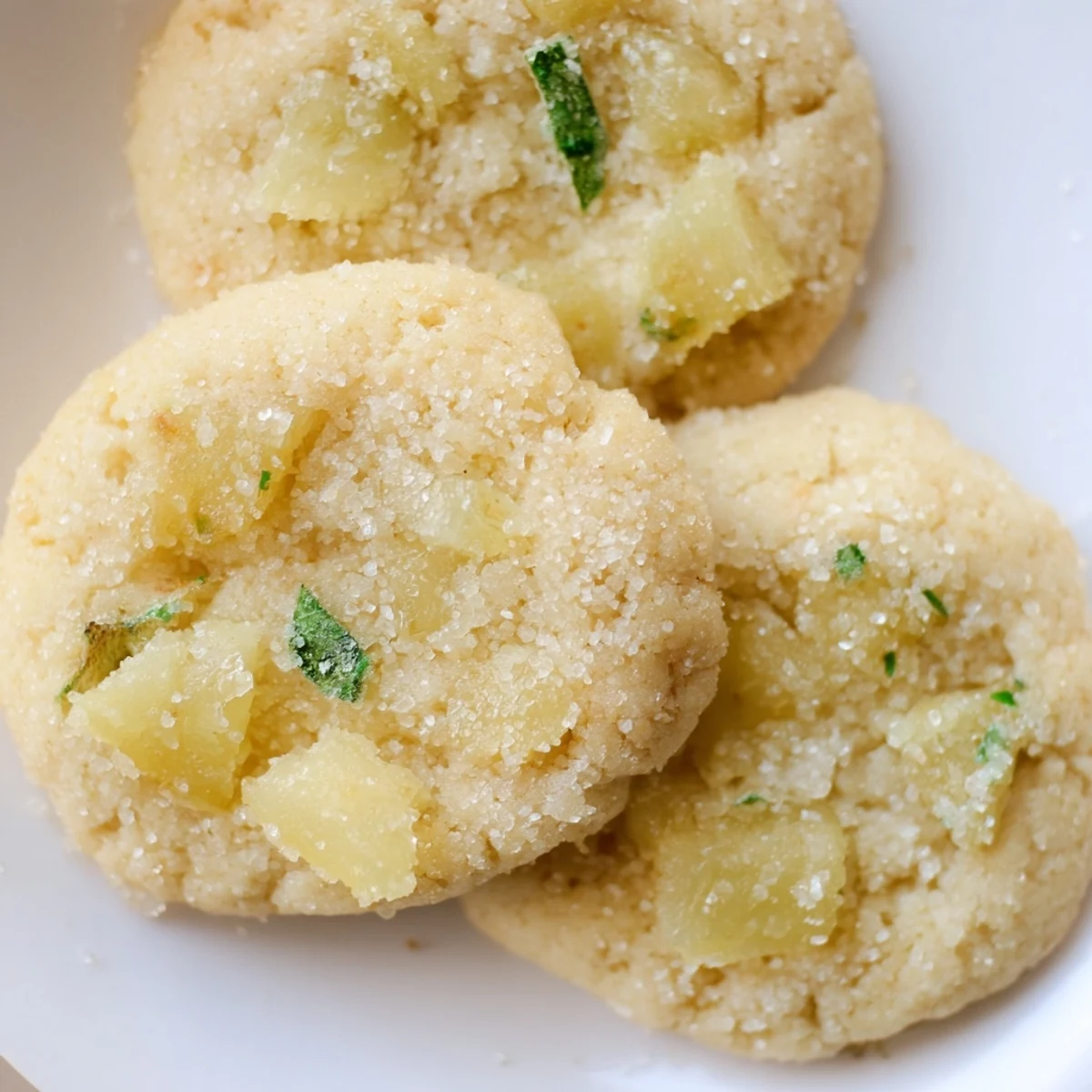 Chewy vegan pineapple basil sugar cookies with green flecks and dried pineapple chunks