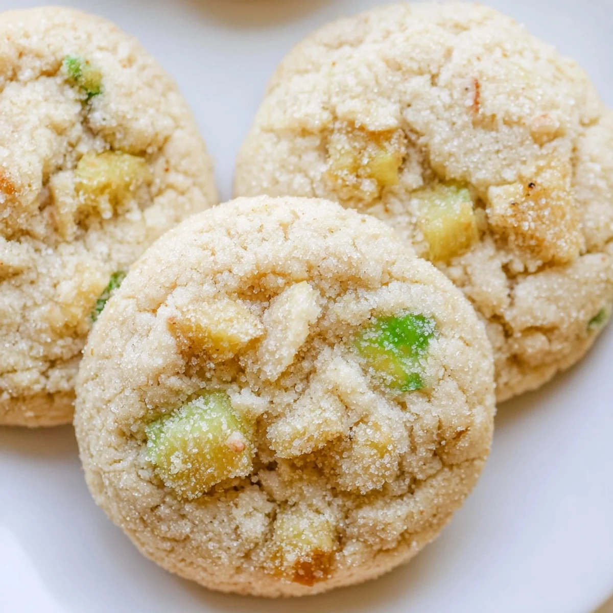 Soft golden vegan pineapple basil sugar cookies topped with sparkling sugar on white plate