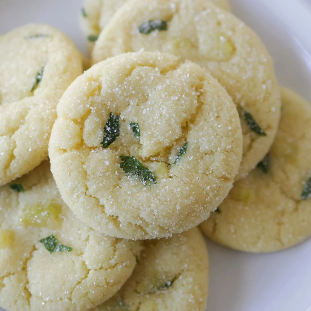 Batch of vegan pineapple basil sugar cookies cooling on wire rack with fresh basil