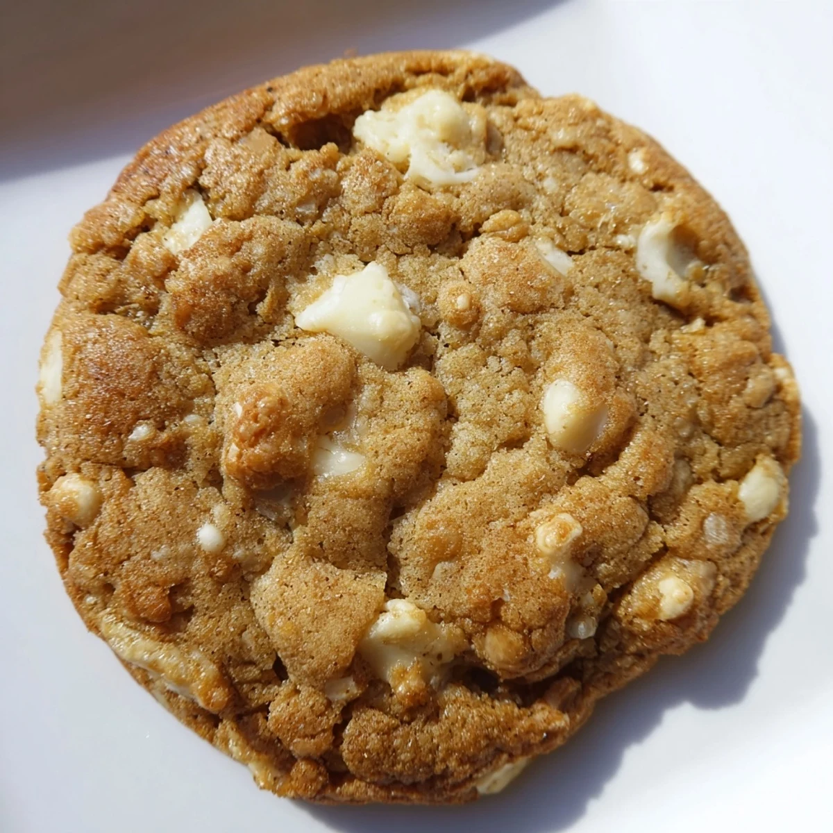Freshly baked gluten-free brown butter white chocolate chip cookies on a wooden cutting board