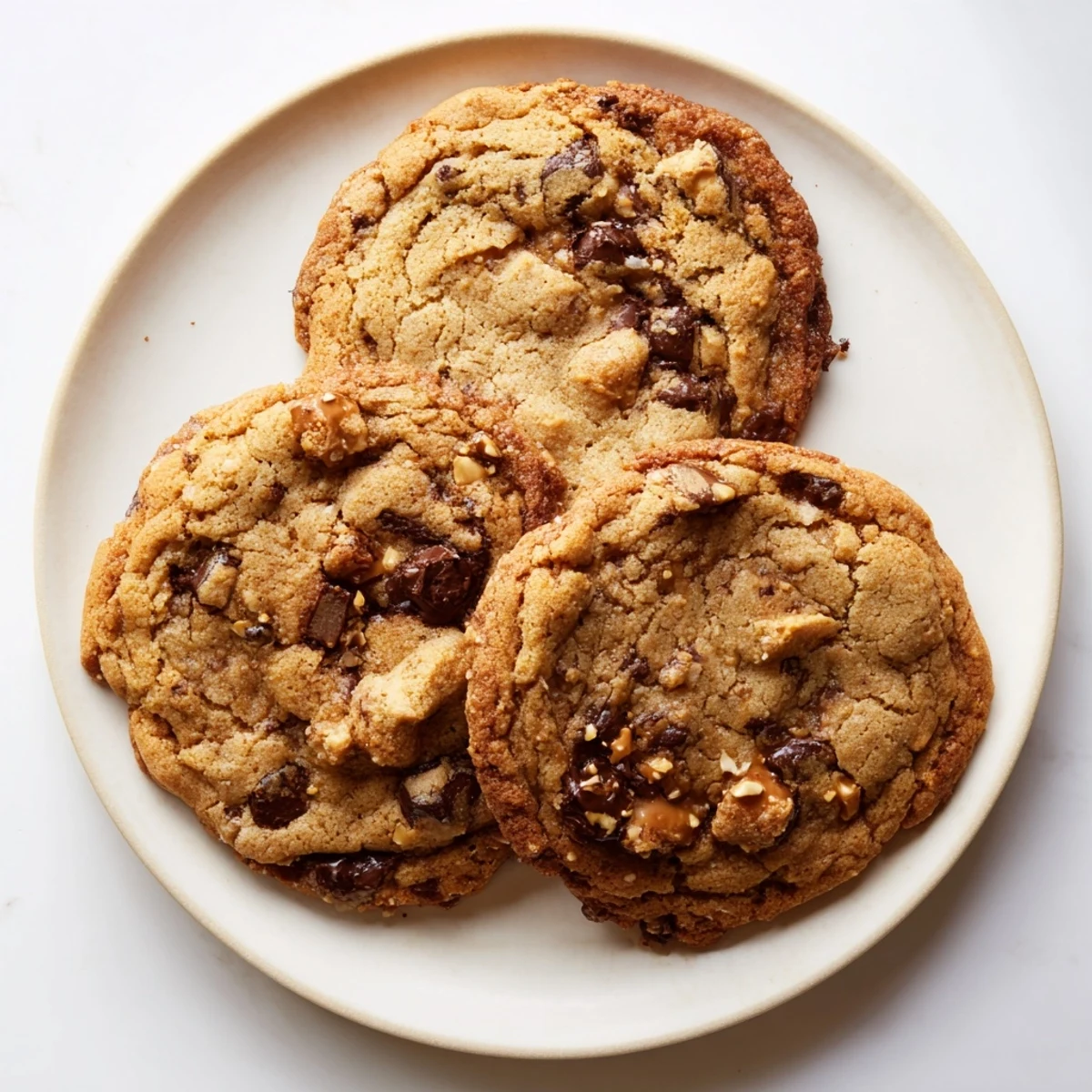 Golden brown butter toffee espresso chocolate chip cookies on a wire cooling rack, with melted chocolate chips visible