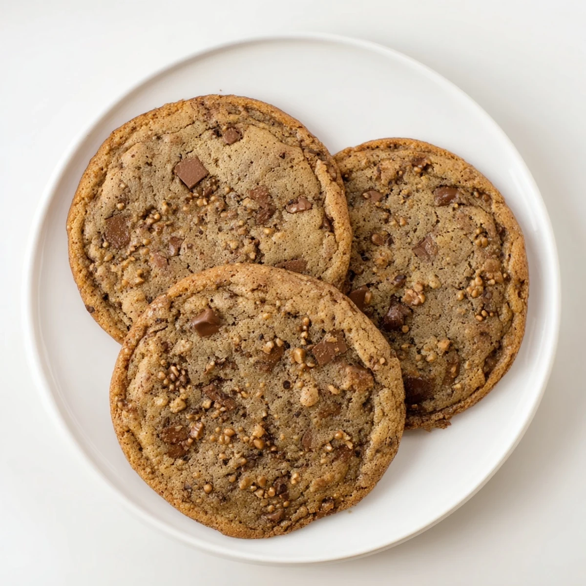 Plate of warm brown butter toffee espresso chocolate chip cookies served with a glass of cold milk
