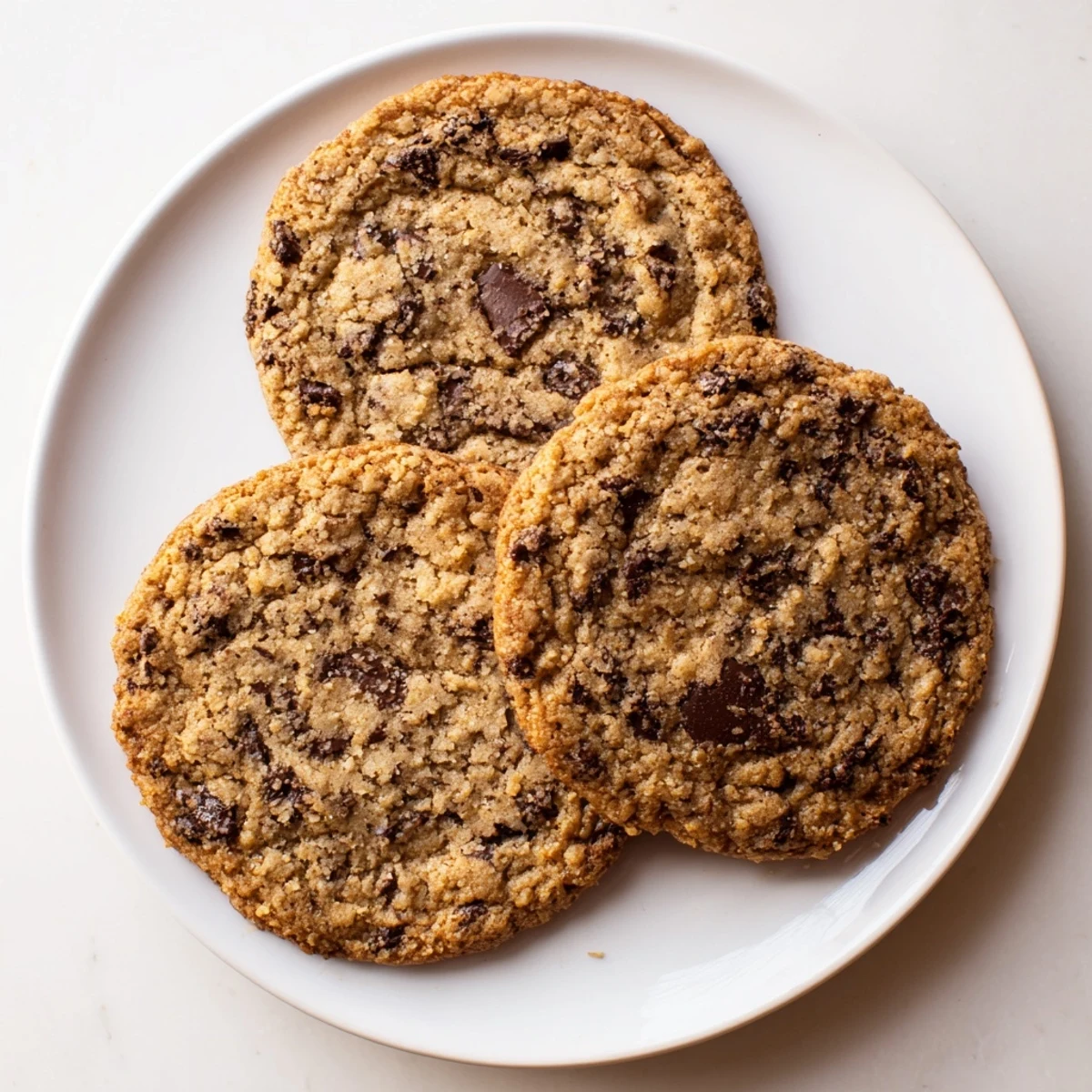 Stack of freshly baked brown butter toffee espresso chocolate chip cookies on a wooden cutting board, edges slightly crisp