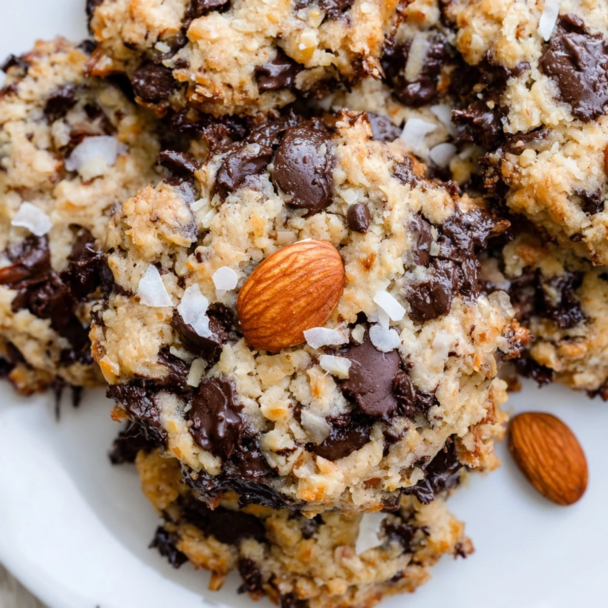 Chewy keto almond joy cookies studded with dark chocolate chips and roasted almonds