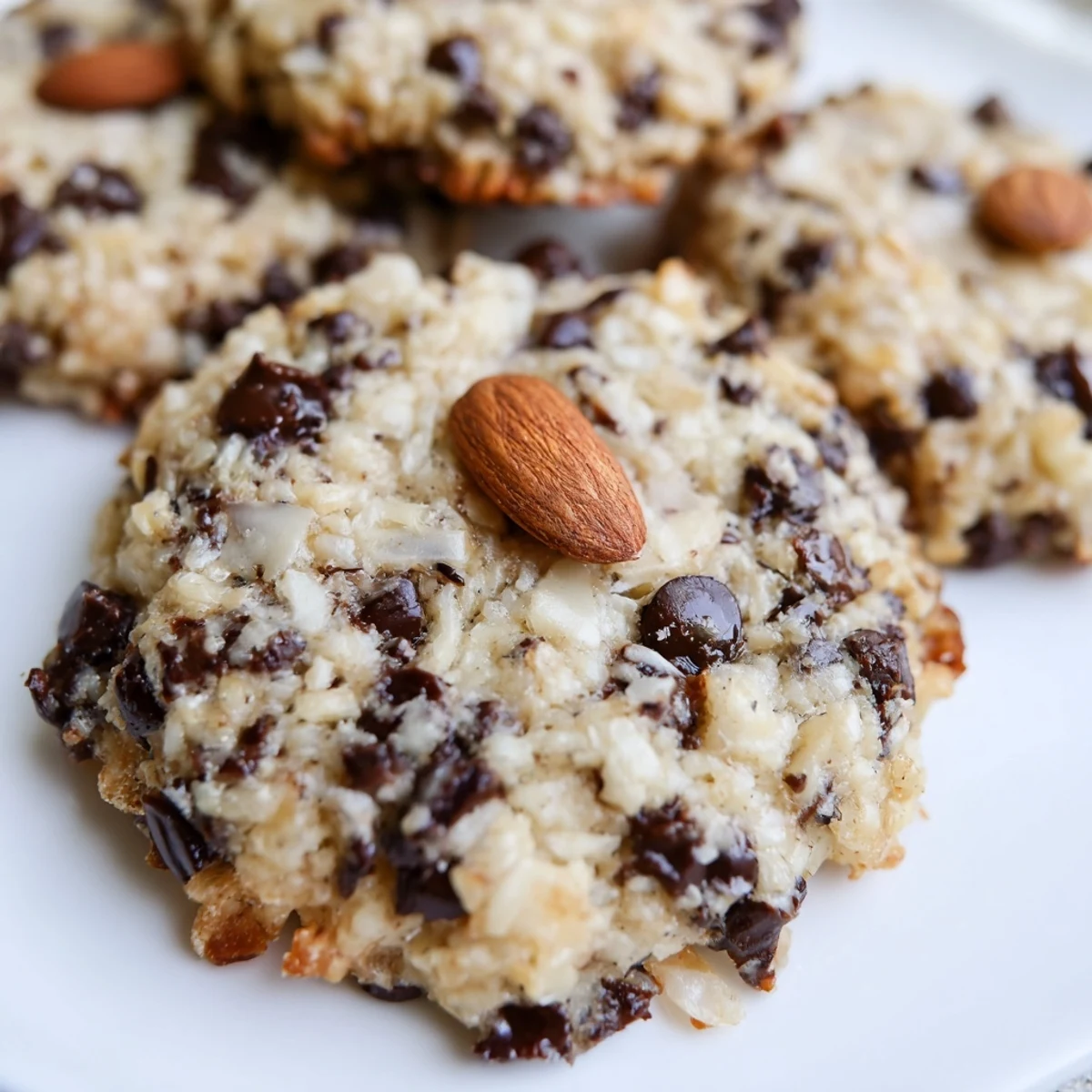 Sugar-free almond joy inspired cookies topped with whole almonds on a baking sheet