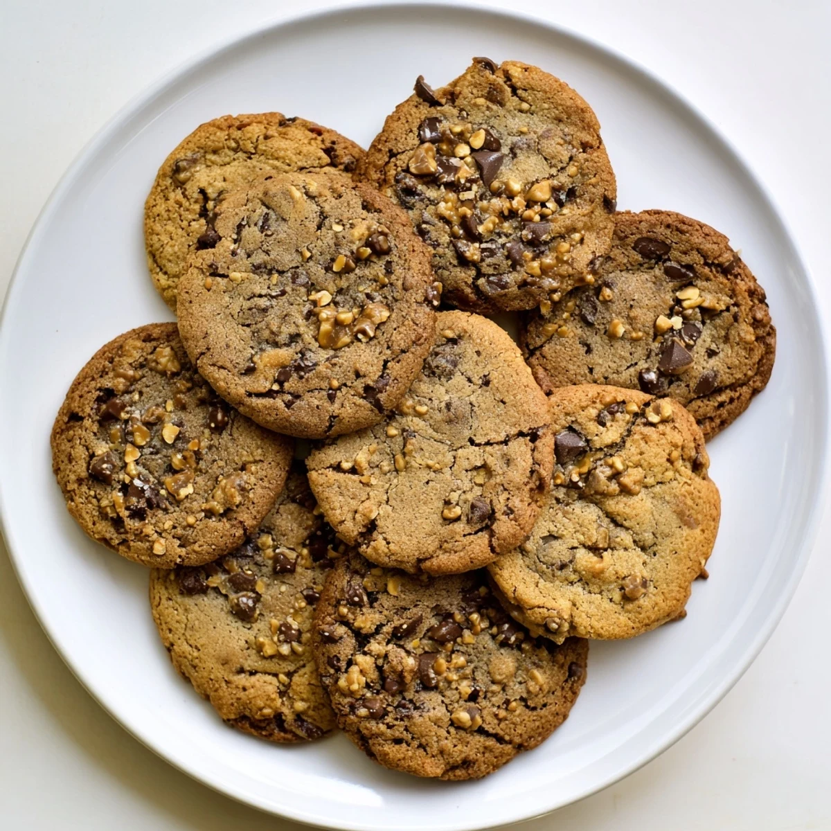 Freshly baked gluten-free espresso toffee chocolate chip cookies stacked on a wire cooling rack