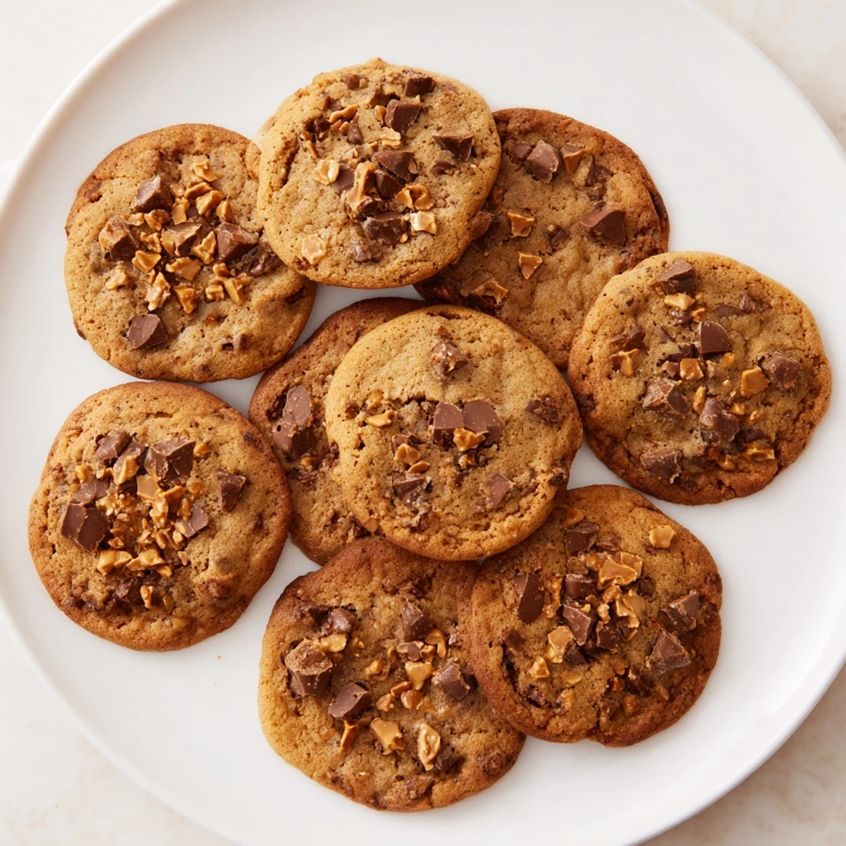 Warm gluten-free espresso toffee chocolate chip cookies with rich chocolate chips and crunchy toffee bits
