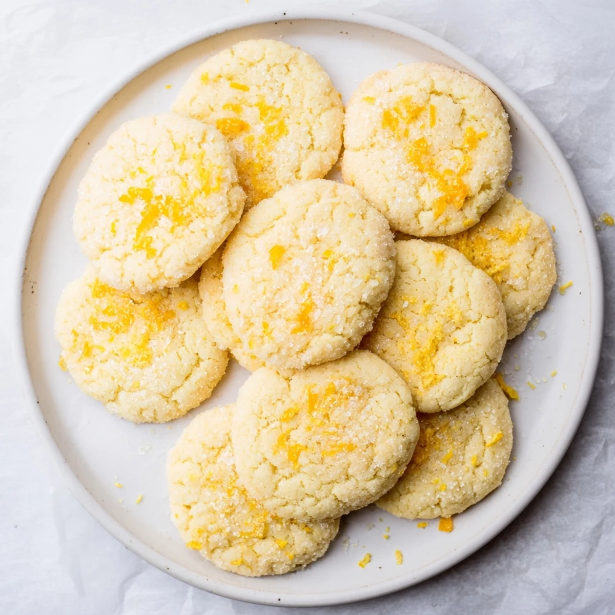 Soft vegan grapefruit vanilla sugar cookies coated in sparkling sugar on a white baking sheet